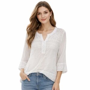 Chicos White Lace Embroidered Swiss Dot V-neck Bohemian Peasant Blouse Sz 2 (Lg)